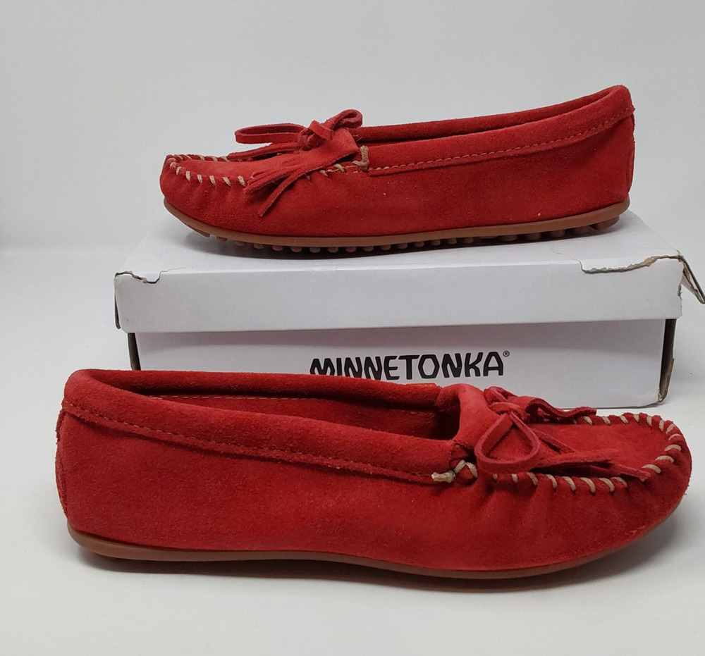 Minnetonka Shoes Womens 9 Kilty Hardsole 406 Slip On Moccasins Flats Red Suede